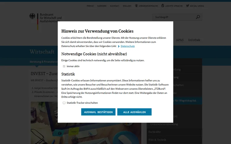 INVEST – Zuschuss für Wagniskapital (BAFA) website screenshot