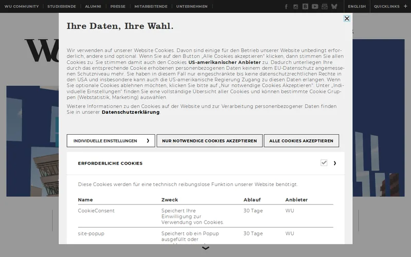 Vienna University of Economics and Business website screenshot