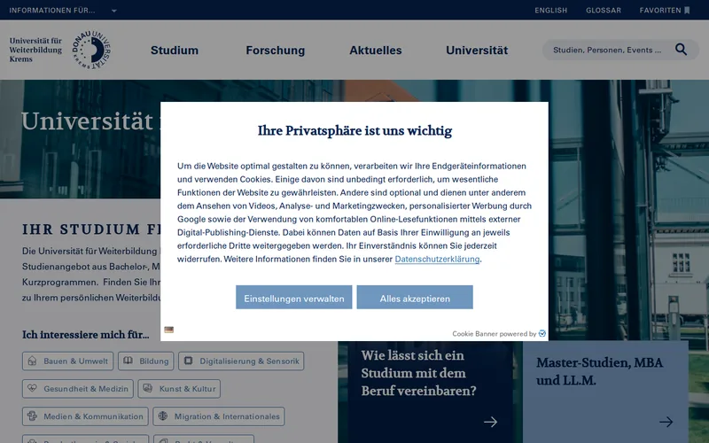 Universität für Weiterbildung Krems website screenshot