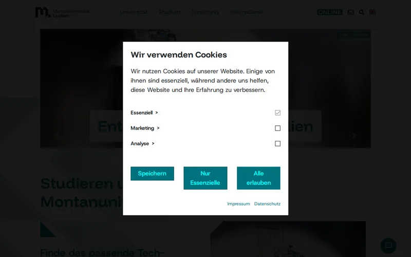 Montanuniversität Leoben website screenshot