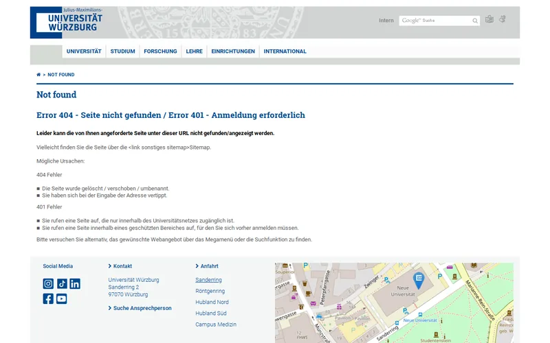 University of Würzburg website screenshot