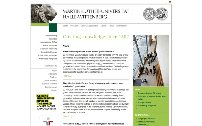 Martin Luther University Halle-Wittenberg website screenshot