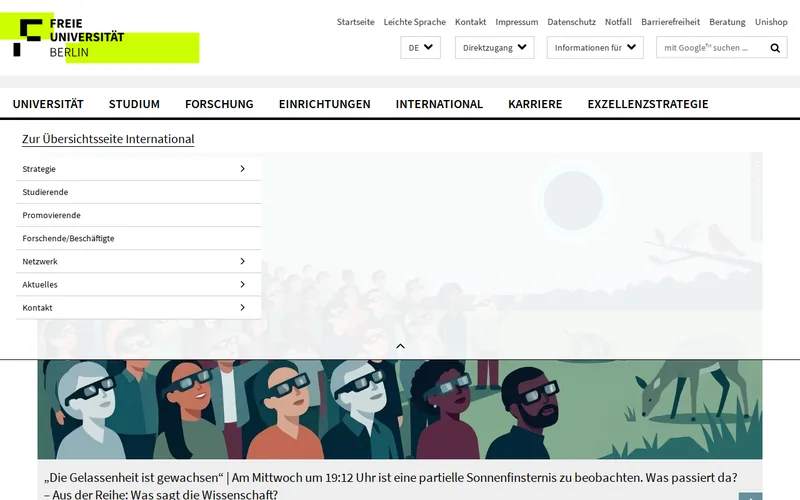 Freie Universität Berlin website screenshot