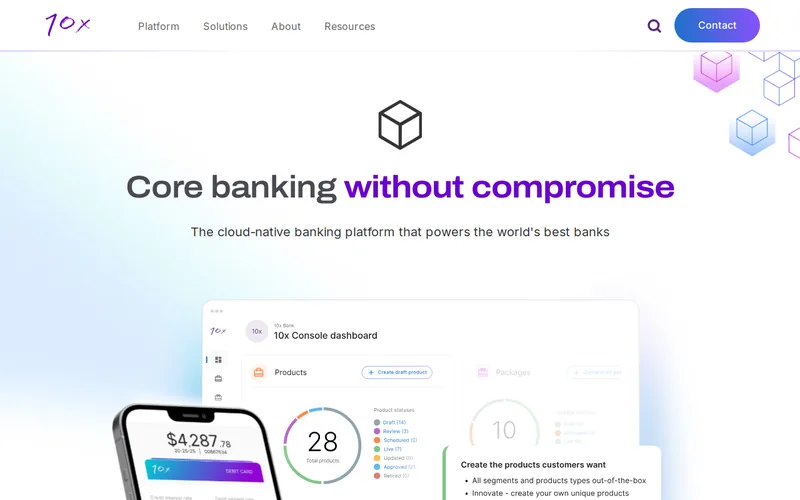 Website snapshot for 10x Banking
