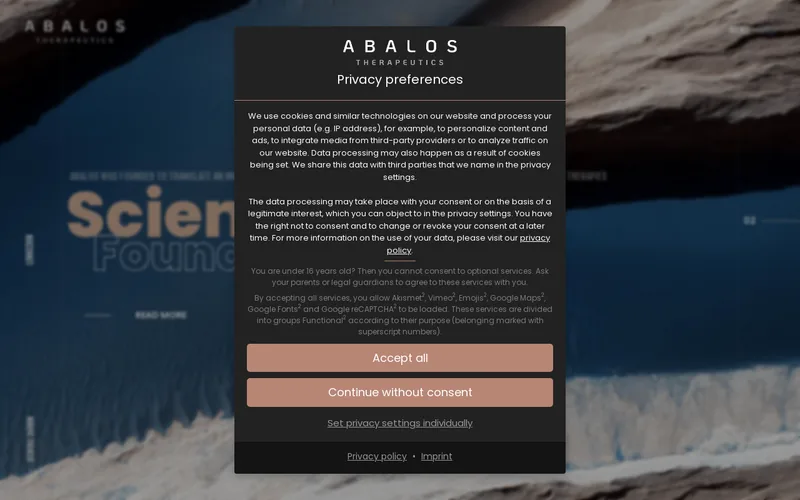 Website snapshot for Abalos Therapeutics