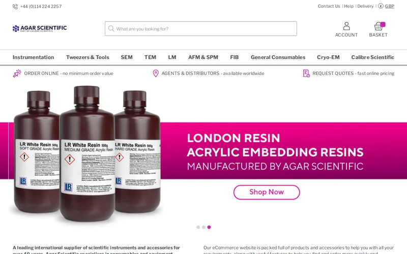 Website snapshot for Agar Scientific