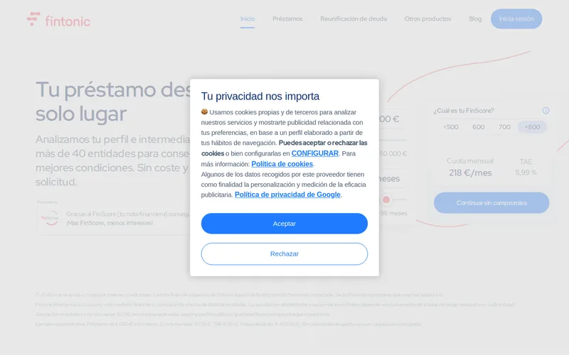Website snapshot for Fintonic
