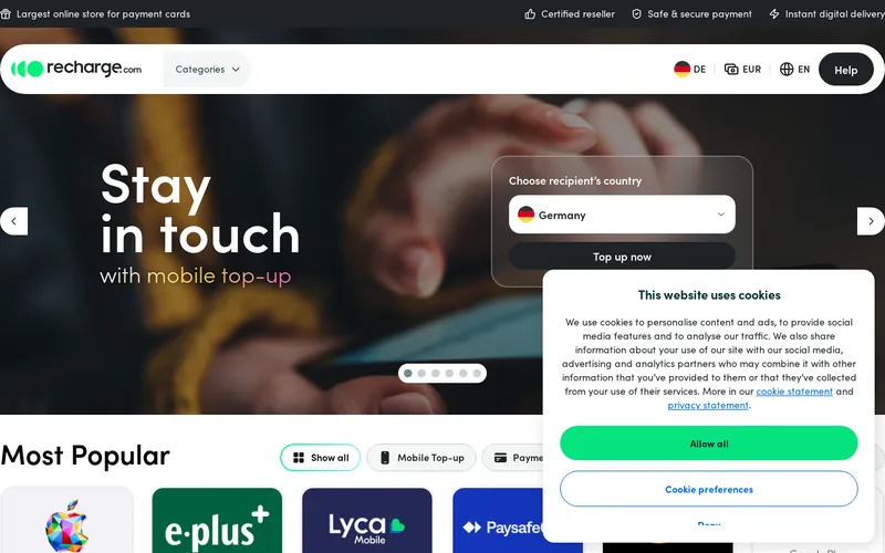 Website snapshot for Recharge