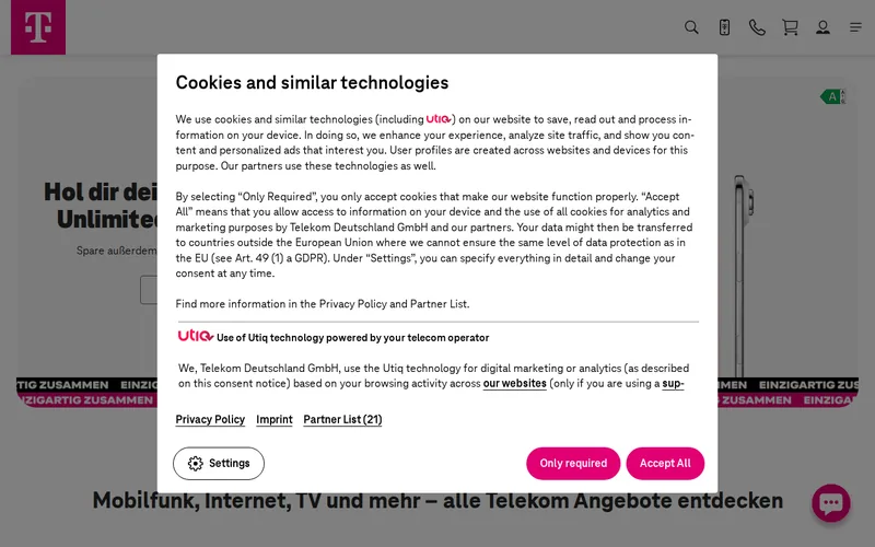 Website snapshot for T-Mobile