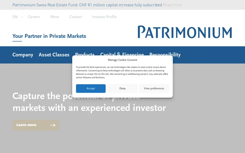 Website snapshot for Patrimonium Private Equity Advisors AG