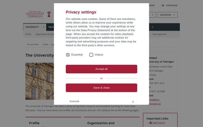 Website snapshot for University of Tübingen